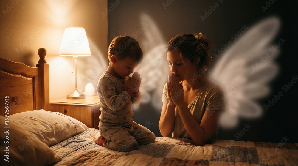 Fototapeta premium Mother and child praying before bed with angelic wings, symbolizing protection and guidance for family and modern religion.