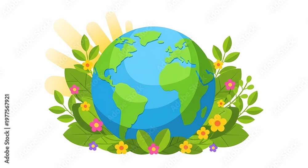 Naklejka premium Earth surrounded by flowers and leaves.