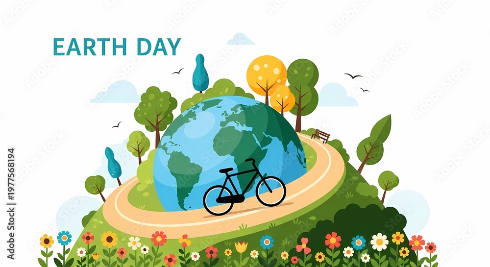 Naklejka premium Earth Day illustration with bicycle and globe.