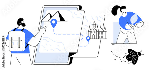 Tourism, eco-friendly initiatives, nature exploration, conservation, travel planning, sustainability. A traveler with a map, a woman holding a leaf and an insect. Tourism and eco-friendly