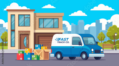 A delivery van parked in front of a contemporary house, symbolizing logistics, convenience, and the essence of urban living while representing the movement and distribution of goods.