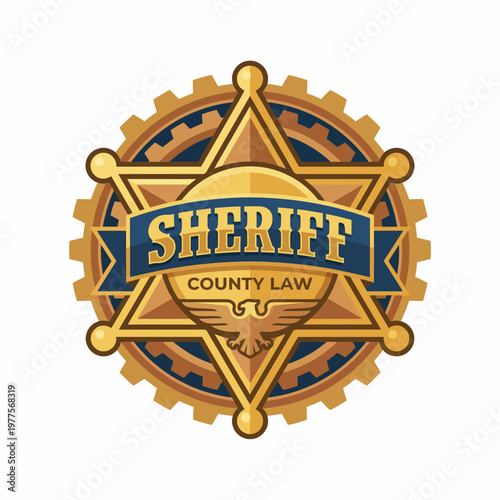 A decorative sheriff badge design featuring a star shape, golden hues, and an emblematic eagle, representing law enforcement and authority in a vintage style.