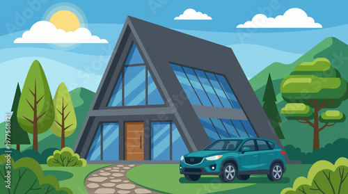 A stylish modern house set against a scenic backdrop with a car parked nearby, showcasing a fusion of architecture and nature for a contemporary lifestyle.