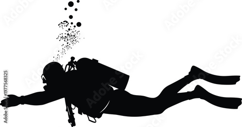 Scuba diver silhouette illustration, underwater exploration artwork, diving equipment design concept, ocean adventure symbol graphic, black white marine representation