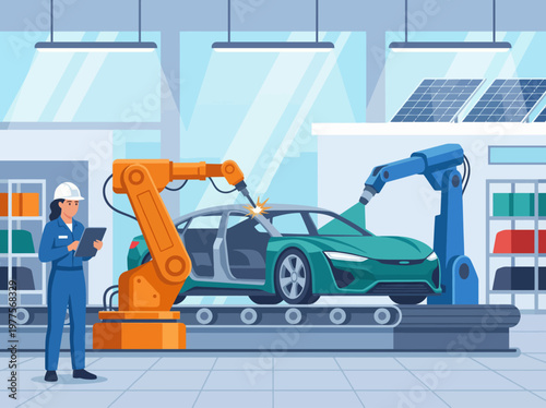 An industrial scene depicting robots working on an automotive assembly line, reflecting advanced technology and innovation in manufacturing processes for cars.