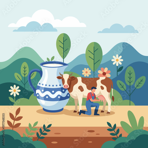 A pastoral scene depicting a farmer milking a cow beside an oversized ceramic jug, surrounded by lush hills and flowers, illustrating agrarian life and dairy farming.