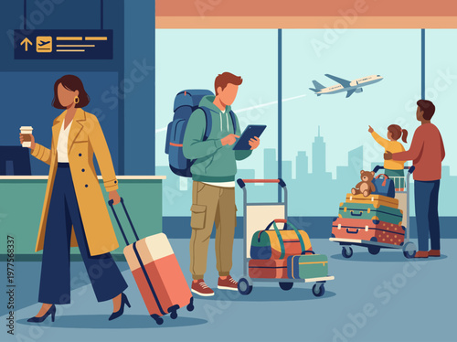 Schilderij op canvas An engaging scene of people at an airport departing on their journeys, showcasing excitement and anticipation for travel in a modern, vibrant setting