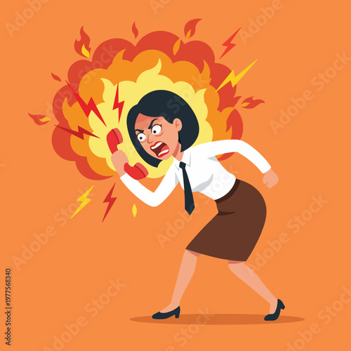 A powerful illustration of an angry businesswoman with a telephone, conveying strong emotions such as frustration and assertiveness, showcasing both conflict and professionalism.