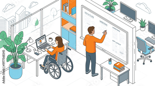 Accessible workplace with wheelchair user collaborating on business planning board inclusive office environment modern flat vector illustration