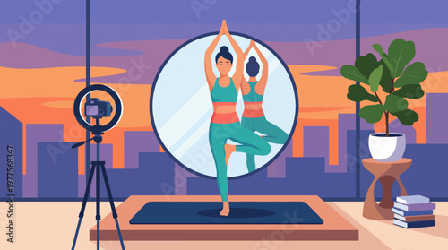 A serene yoga session captured in a stylish interior with a view of the city skyline, reflecting balance, fitness, and mindfulness through its composition.