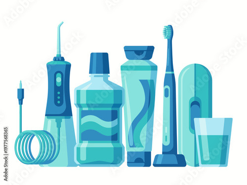 An organized display of dental hygiene products, emphasizing health, cleanliness, and personal grooming through its blue palette and various dental items.