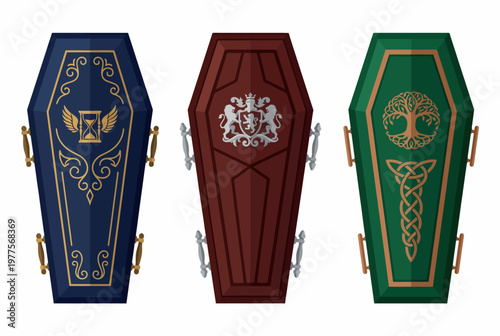 This image showcases three beautifully designed coffins featuring ornate decorations, each representing unique cultural and artistic styles for memorial purposes.