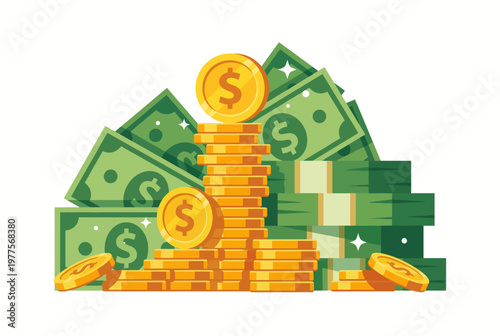The image illustrates a powerful representation of wealth, showcasing stacks of coins and cash in a vibrant display, conveying notions of prosperity and financial success.