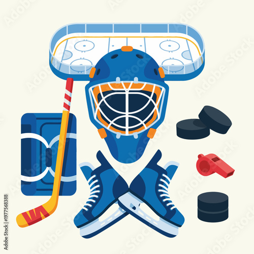 A dynamic and energetic illustration featuring essential hockey gear—helmet, pads, skates, sticks, and pucks—symbolizing teamwork and competitive spirit in the sport.