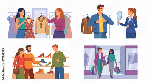 A lively and colorful depiction of a shopping experience, capturing moments of joy, choices, and interactions between shoppers and retail staff in various clothing and footwear settings.
