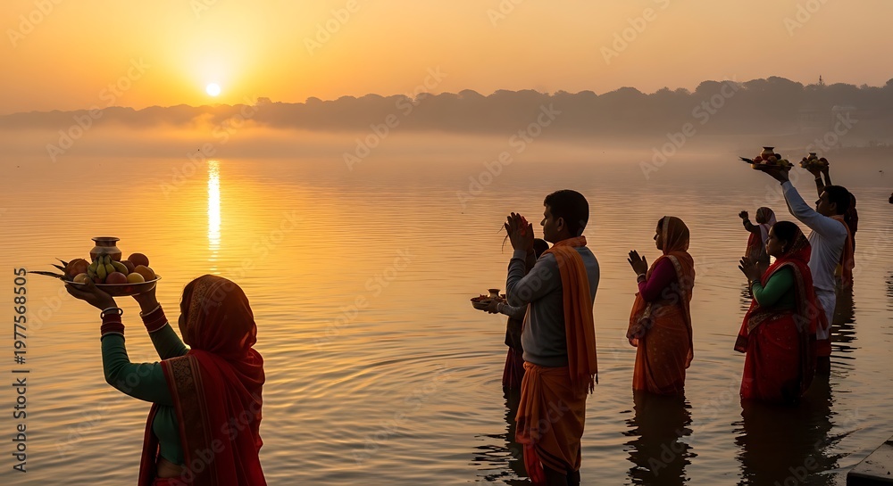 Fototapeta premium devotional chhath puja artwork, silhouette of people offering arghya to the setting sun, glowing orange and red sky, calm river surface reflecting light, spiritual and peaceful atmosphere,