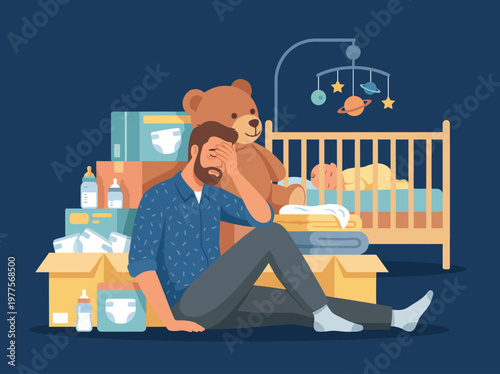 A candid moment capturing a tired father sitting amidst baby supplies, evoking the emotional journey of parenthood and the challenges that come with it.