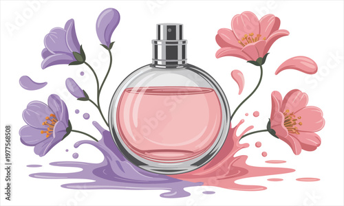 Vector illustration of perfume bottle with pink liquid and colorful flowers isolated on white background
