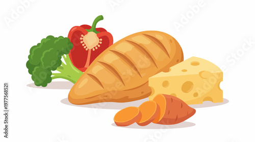 A visually appealing assortment of fresh vegetables and bread, including broccoli, a bell pepper, sweet potato, and cheese, showcasing healthy eating habits and nutrition.