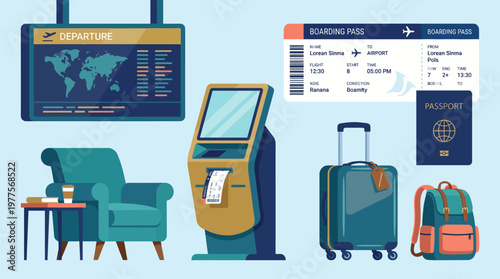 An organized airport scene displaying a boarding pass, luggage, and check-in kiosk, illustrating travel preparations and the excitement of upcoming journeys.
