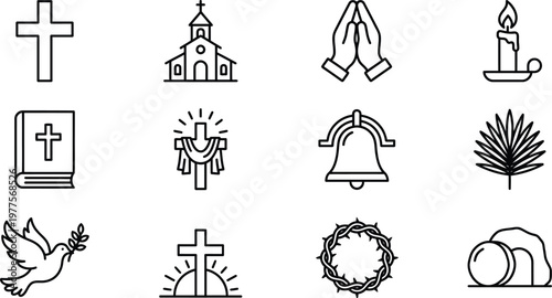 Religious symbols crosses churches prayer and elements of faith