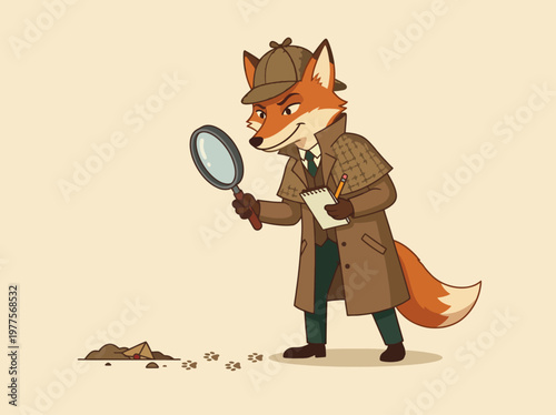 A clever cartoon fox dressed as a detective is inspecting the ground with a magnifying glass, blending fun with investigation themes and imaginative storytelling.