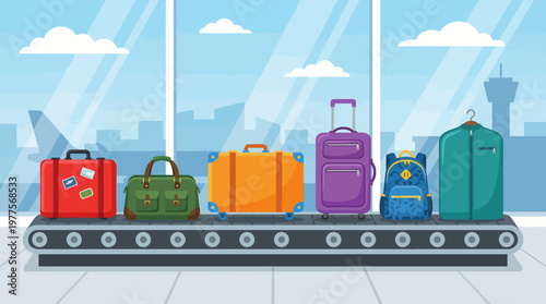Various bags and suitcases are seen on a baggage claim conveyor belt at an airport, symbolizing travel excitement and the anticipation of upcoming adventures.
