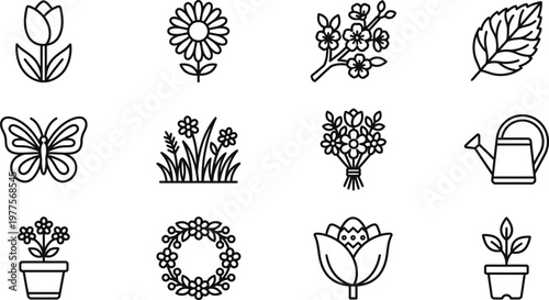 Collection of delicate floral and gardening line art illustrations