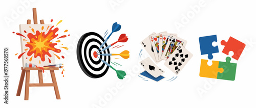 This colorful image captures the essence of creativity through bold splashes, targets, cards, and puzzle pieces, representing various aspects of art, gaming, and strategy.