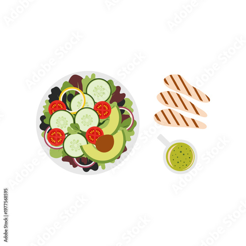Colorful fruit salad with crackers and avocado dip on the side