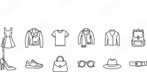 Black and white line art depicting various clothing and accessories
