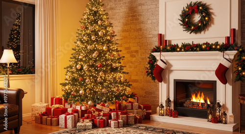 Christmas tree and fireplace with presents.