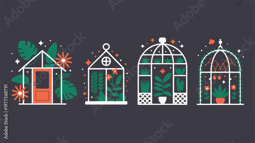 colorful greenhouses and houses with plants and flowers outside