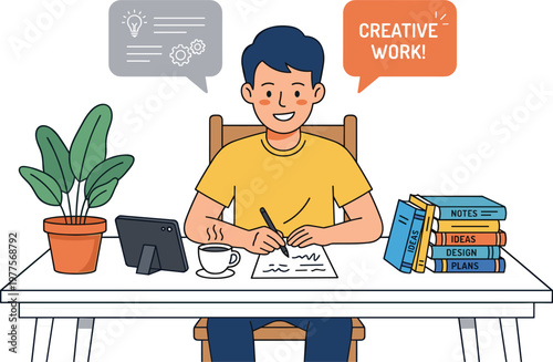 Creative student working at desk with notes books and inspiration ideas modern flat vector illustration for education and productivity concept