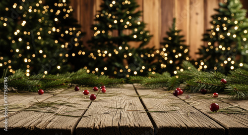 Christmas trees with lights on wooden deck.