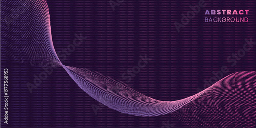 Dynamic abstract background with flowing pink and purple dotted waves on a dark purple backdrop. Perfect for technology, science, and futuristic digital network design projects