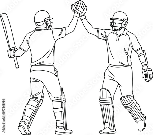 Cricket players celebrating high five after successful play sports teamwork moment line art vector illustration for game achievement concept