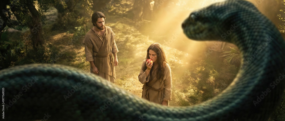 Obraz premium Adam and woman in Garden of Eden with serpent tempting with apple. Biblical scene of fall of man and original sin. Religious concept of creation, temptation and faith. Banner with copy space