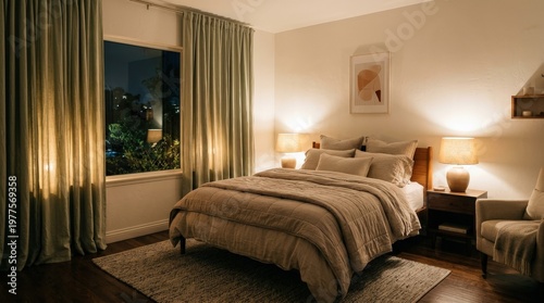 Bedroom interior with soft bedding and draped curtains glowing under warm lamplight creating a serene nighttime atmosphere with