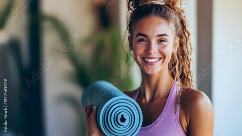 Smiling fitness instructor holding yoga mat in studio