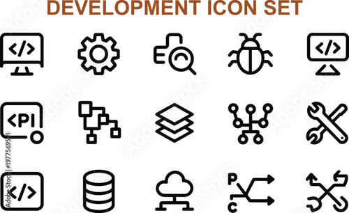 Set of web and software development icons in black color