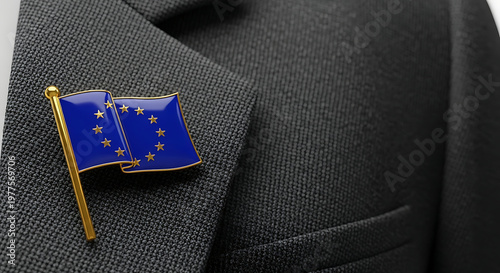Detailed close-up of a golden European Union flag pin on a dark grey business suit lapel representing political affiliation and authority. High-quality macro corporate photography with sharp style. 