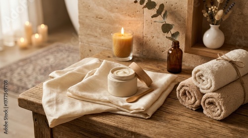 Luxury spa setting with cream jar on folded silk cloth near rolled towels and a candle in the background, warm ambient lighting,