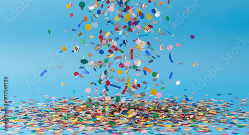 Colorful Confetti Falling Against Blue Background.