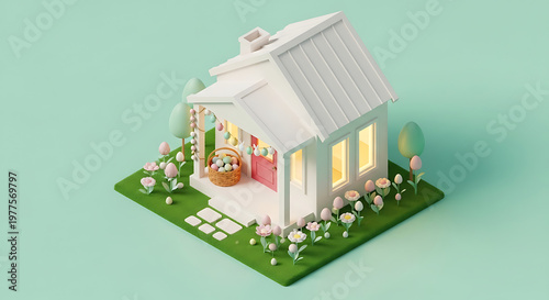 Miniature 3D isometric house decorated for Easter with a basket of eggs, flower garden, and festive garlands. Cute stylized cartoon 3D render with soft pastel colors and mint background.