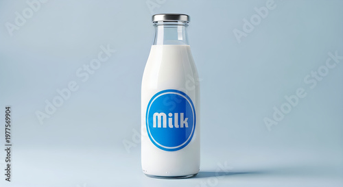 A single glass bottle filled with fresh white milk against a soft light blue background studio shot illustration