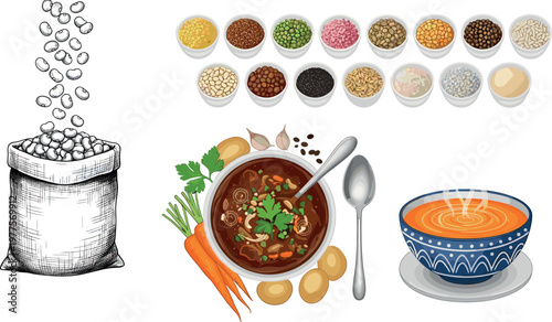 Legume soup and beans vector illustration set featuring assorted pulses bowls sack of beans and healthy vegetarian meal concept isolated