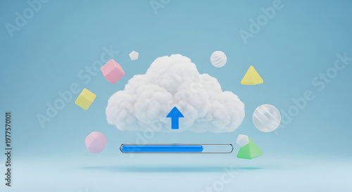 Cloud computing and data upload concept featuring a fluffy 3D cloud with an upward arrow, progress bar, and floating geometric shapes on a light blue background. Cute 3D rendering style.