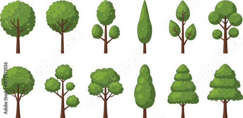 Green tree vector set different kinds of trees flat collection isolated on white background