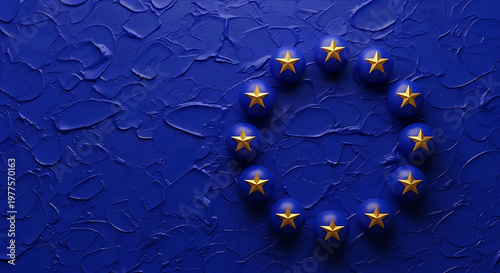 Abstract representation of the European Union flag featuring a circle of 3D golden stars on a dark blue background with thick impasto oil paint texture. Conceptual 3D rendered illustration.